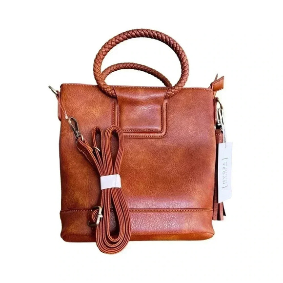 Braided top handle small tote, inside zip & back pocket, crossbody strap NWT - Picture 2 of 4